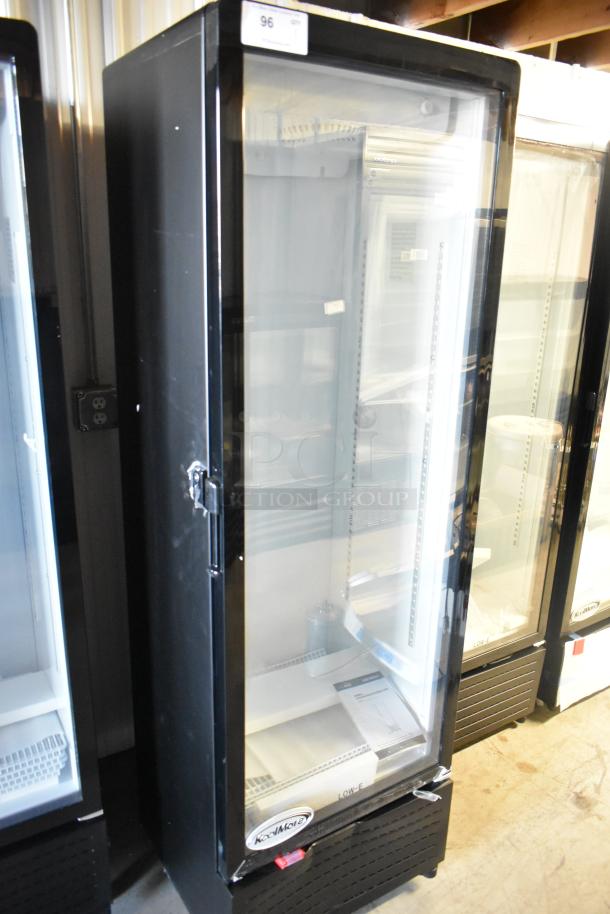 BRAND NEW KoolMore KM-MDR-1GD-10C commercial cooler, black metal, single glass door, poly coated racks, on casters.