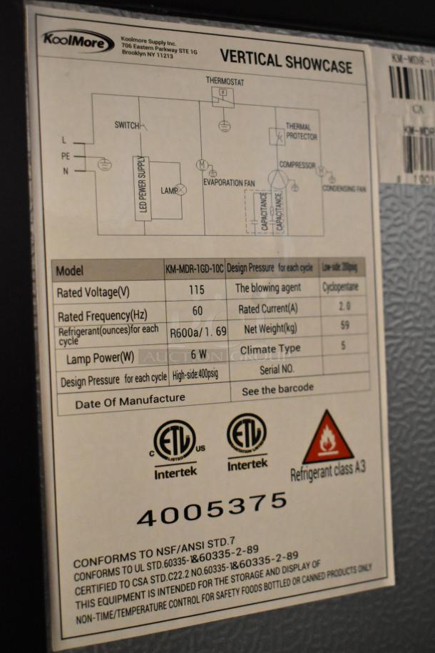 KoolMore KM-MDR-1GD-10C cooler label, showing technical specs: 115V, R600a refrigerant, ETL certifications.