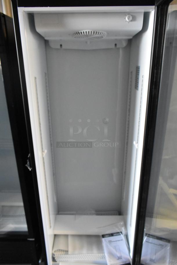 Brand new KoolMore KM-MDR-1GD-10C single door cooler, scratch and dent model, with poly coated racks and commercial casters.