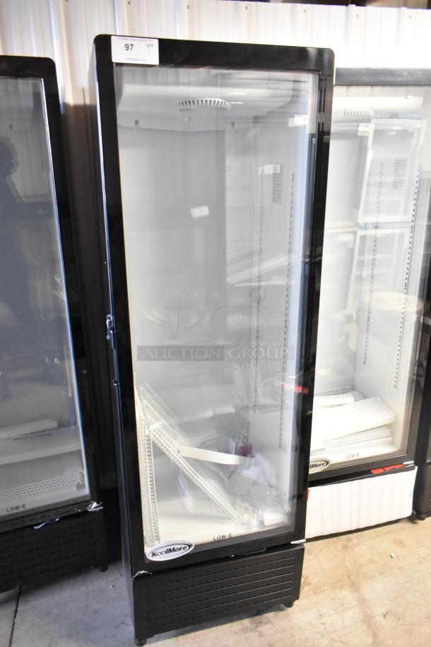 KoolMore KM-MDR-1GD-10C single door cooler, brand new with minor scratches, poly-coated racks, on commercial casters.