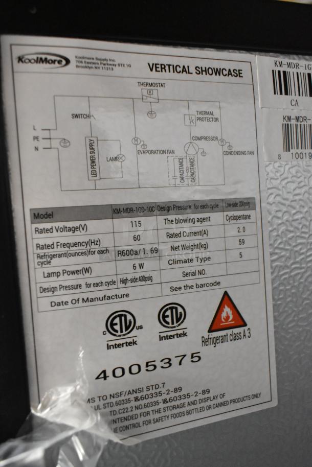 Alt text: KoolMore KM-MDR-1GD-10C label showing electrical specs, refrigerant type, ratings, and ETL certification markings.