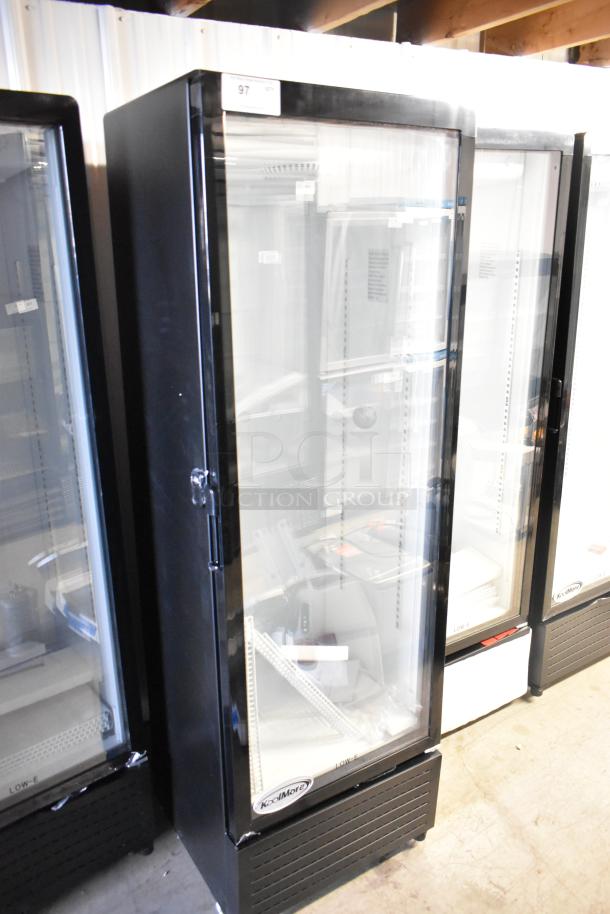 Brand new KoolMore KM-MDR-1GD-10C single door cooler, commercial use, poly coated racks, 115V, minor scratches.