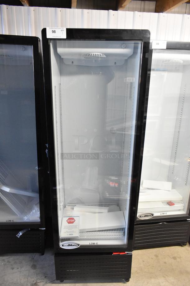 KoolMore KM-MDR-1GD-10C commercial reach-in cooler, brand new with scratch and dent, single glass door, poly coated racks, on casters.