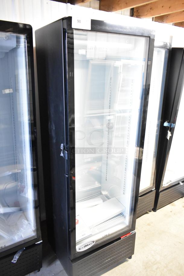 Brand new KoolMore KM-MDR-1GD-10C metal commercial single door cooler, poly coated racks, on commercial casters, 115V.