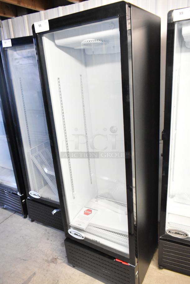 Brand new KoolMore KM-MDR-1GD-10C cooler with poly-coated racks, single glass door, commercial casters, and 115 volts.