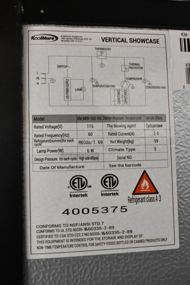 KoolMore KM-MDR-1GD-10C label detailing specifications. Rated at 115 volts, 60 Hz, using R600A refrigerant. ETL certified.