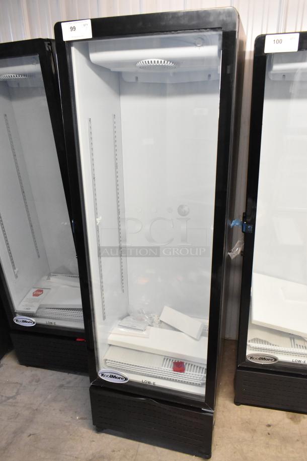 Brand new KoolMore KM-MDR-1GD-10C single door cooler with poly-coated racks, commercial casters, 115V. Slight scratches.