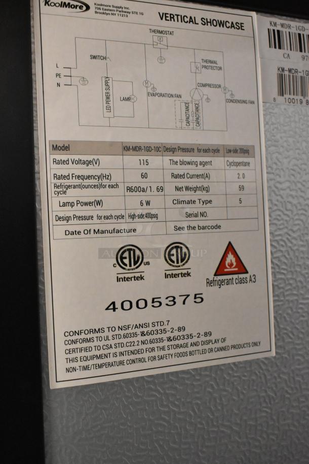 KoolMore KM-MDR-1GD-10C single door cooler, brand new, 115V, scratches, dents, poly racks, commercial casters, ETL certified.