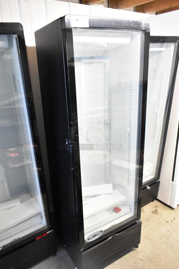 Brand new KoolMore KM-MDR-1GD-10C reach-in cooler, single glass door, poly-coated racks, on commercial casters. 115V, 1 phase.