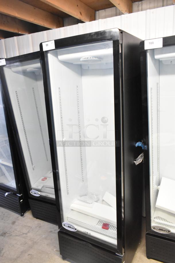 Brand new KoolMore KM-MDR-1GD-10C metal single door cooler merchandiser with poly-coated racks on casters. Model visible.