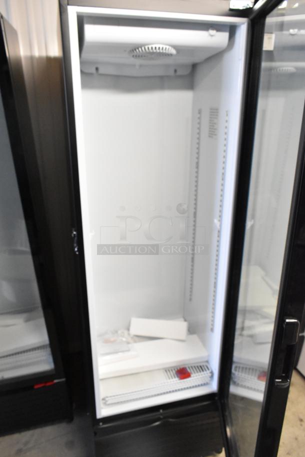 Brand new KoolMore KM-MDR-1GD-10C reach-in cooler with poly coated racks, commercial casters, 115V, slight cosmetic dents.