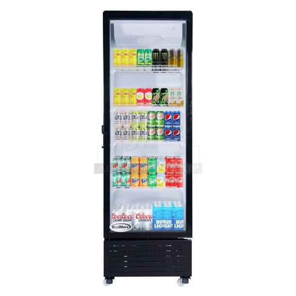 KoolMore KM-MDR-1GD-10C single door cooler merchandiser, poly coated racks, commercial casters, brand new scratch and dent.