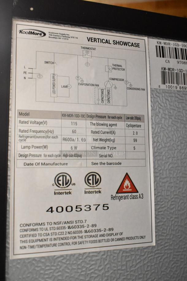 Label of KoolMore KM-MDR-1GD-10C reach-in cooler; 115 volts, refrigerant info, ETL certified, for commercial use.