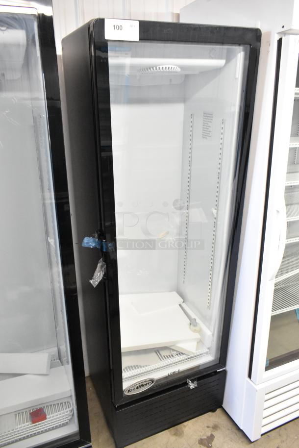 Brand new KoolMore KM-MDR-1GD-10C metal single door reach-in cooler, commercial-grade, scratch and dent, with poly-coated racks.