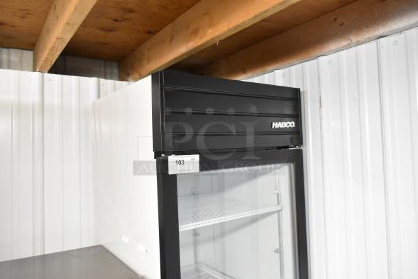 2019 Habco SE18 commercial single door cooler with poly-coated racks, 115V, on casters; Habco branding visible.