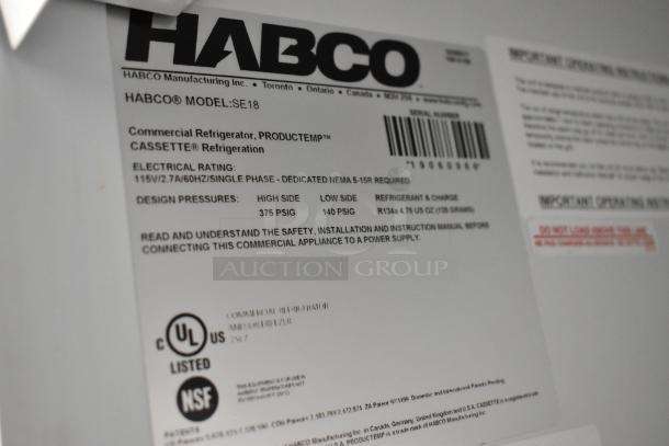 2019 Habco SE18 commercial cooler label displaying model, electrical details, and UL, NSF listings.