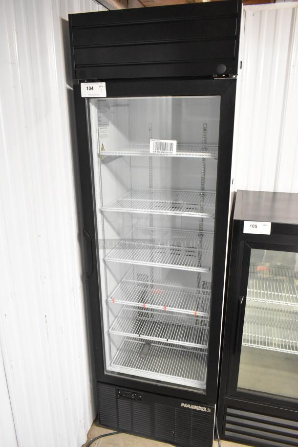 2019 Habco SE18 single door reach-in cooler merchandiser, metal, poly-coated racks, commercial casters, 115V, 1 phase.