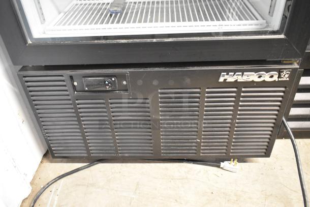 2019 Habco SE18 metal commercial cooler, single door, poly coated racks, on casters, 115V, 1 phase, with visible Habco logo.