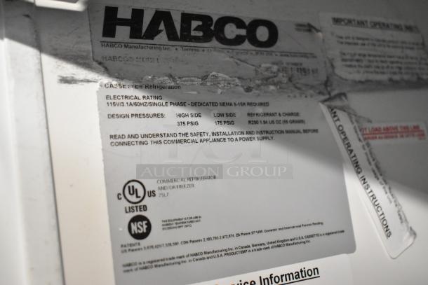 2019 Habco SE18 Reach In Cooler label, showing electrical rating of 115 volts, UL and NSF certifications, and refrigerant info.