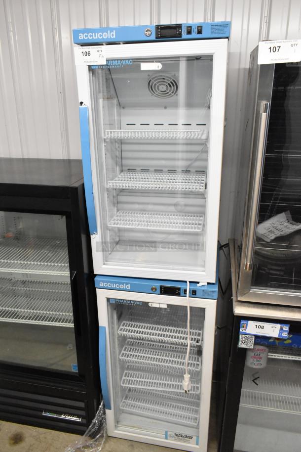 Two Accucold ARG3PV metal mini cooler merchandisers with poly-coated racks, 115 volts, 1 phase, shown stacked.