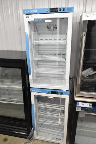 Two Accucold ARG3PV metal mini cooler merchandisers with poly-coated racks, 115 volts, 1 phase, shown stacked.