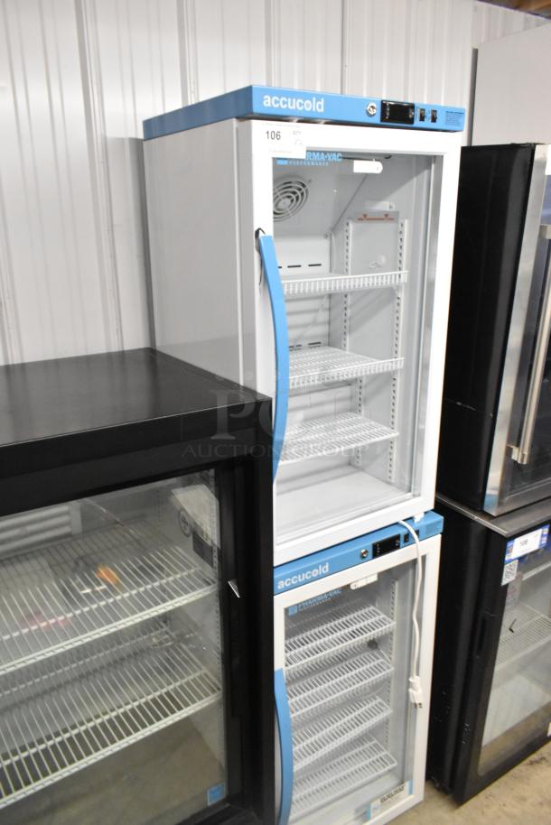 Accucold ARG3PV mini cooler merchandiser, metal frame, poly coated racks, 115V, 1 phase, label reads "accucold."