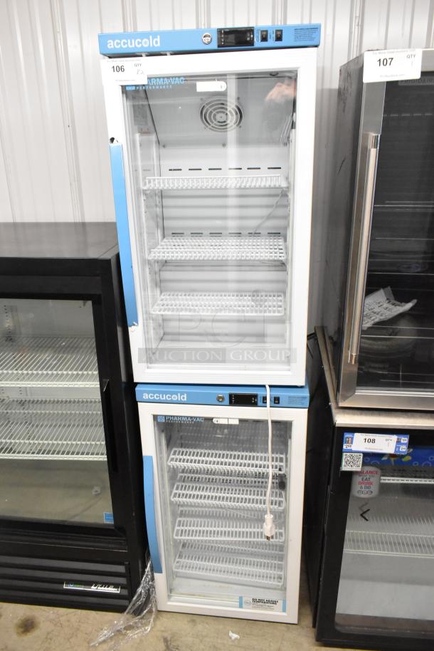 2 Accucold ARG3PV metal mini cooler merchandisers, poly coated racks, 115V, 1 phase. Clean display, visible labels.