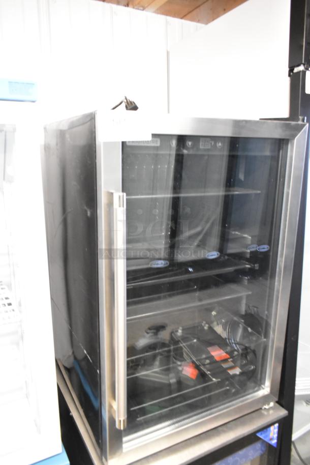 Frigidaire EFMIS155 metal mini cooler merchandiser with glass door, shelves, 115V, 1 phase. Clean, excellent condition.