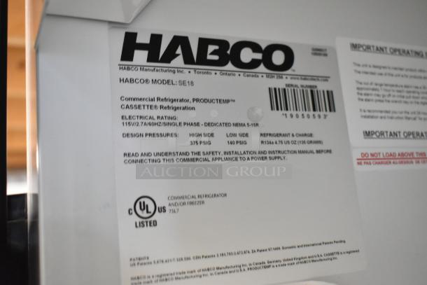 2019 Habco SE18 single door reach-in cooler, metal exterior, poly coated racks, model SE18, 115 volts, UL listed.