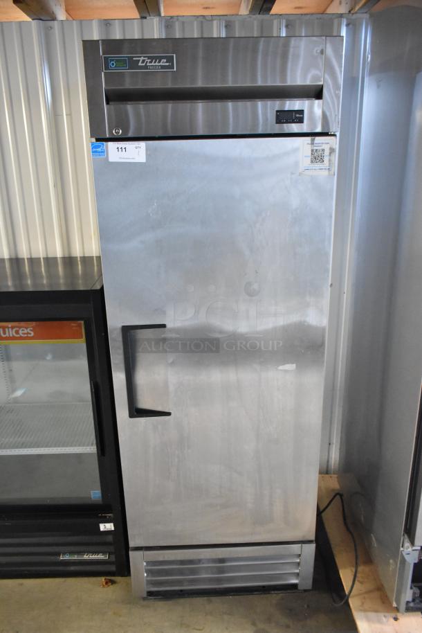 2022 True T-19F-HC freezer, single door, stainless steel, poly-coated racks, 115V, good condition, commercial use.