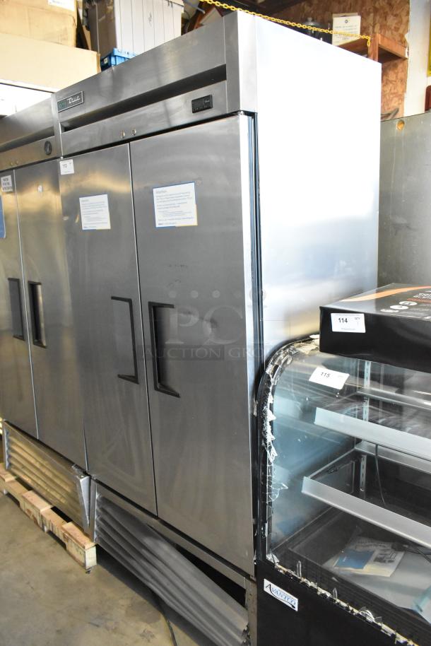 2018 True T-35 Stainless Steel 2-Door Reach-In Cooler, poly-coated racks, 115 volts, 1 phase, excellent condition.