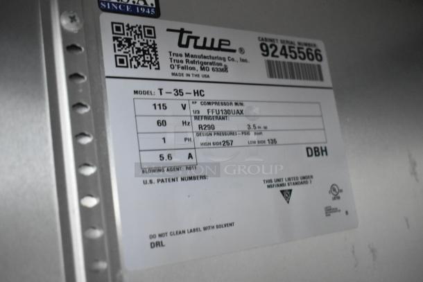 2018 True T-35 Stainless Steel Reach-In Cooler, 2 doors, poly-coated racks, 115V, 1 Phase, Model T-35, Serial 9245566.