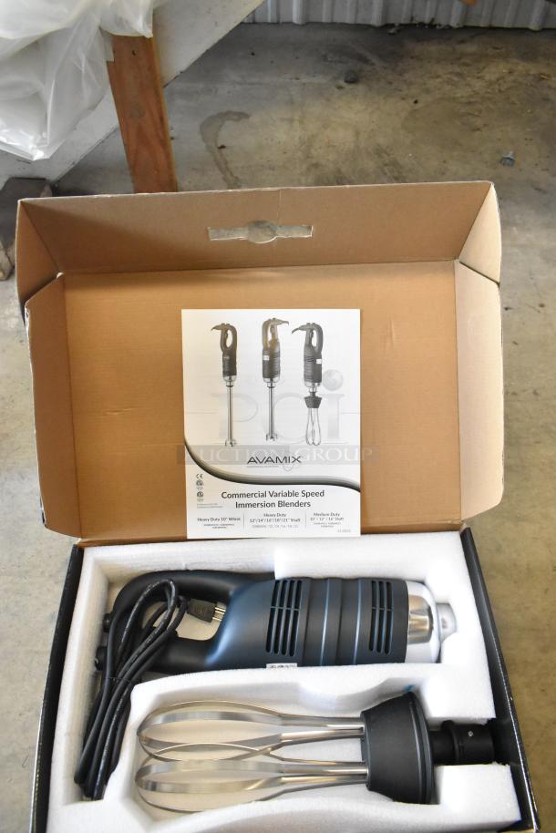 Brand new AvaMix 928IBHDW10 immersion blender, 10" whisk, 1 1/4 hp, 120V, variable speed, heavy-duty, scratch/dent condition.