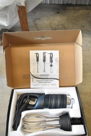 Brand new AvaMix 928IBHDW10 immersion blender, 10" whisk, 1 1/4 hp, 120V, variable speed, heavy-duty, scratch/dent condition.