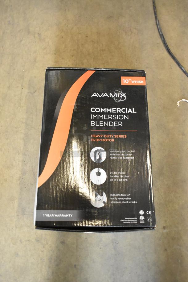 Brand new AvaMix 928IBHDW10 immersion blender, 1 1/4 hp, 10" whisk, variable speed, 120V, 1 Phase, scratch and dent condition.