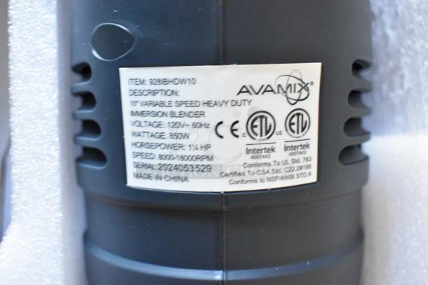 BRAND NEW AvaMix 928IBHDW10 immersion blender, 10" whisk, 1 1/4 hp, 120V, 1 Phase, scratch and dent condition, label details.