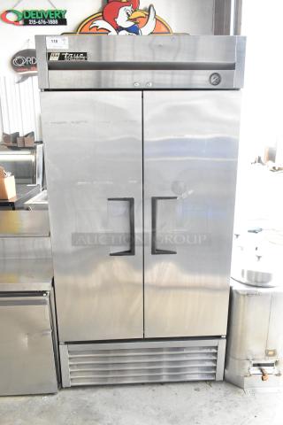 True T-35 stainless steel 2-door reach-in cooler with poly-coated racks. Features 115 volts, 1 phase.