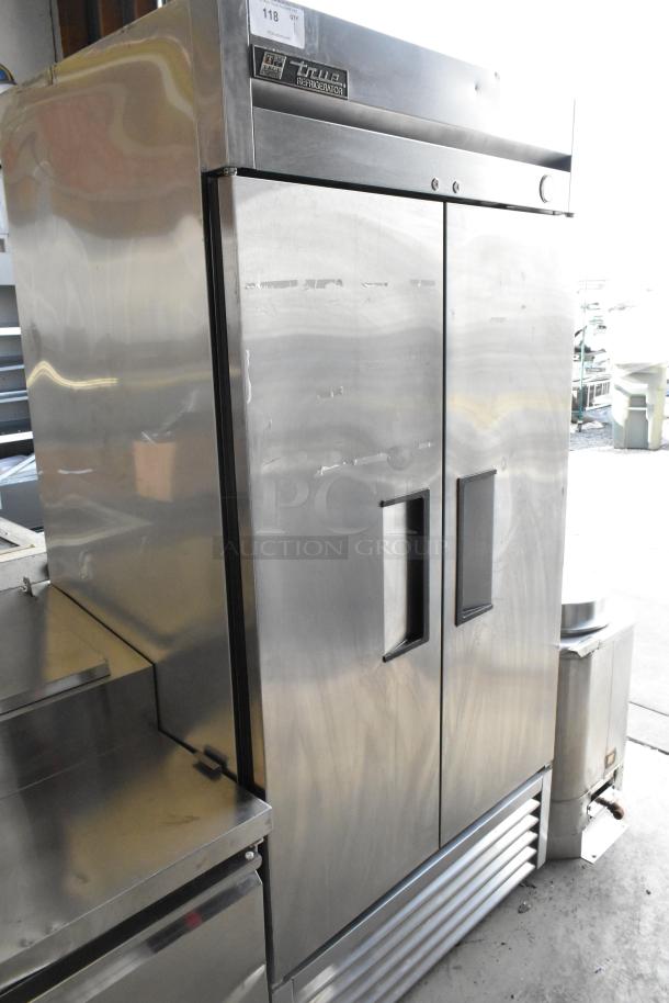 True T-35 stainless steel commercial 2-door reach-in cooler with poly coated racks, model T-35, 115 volts, 1 phase.