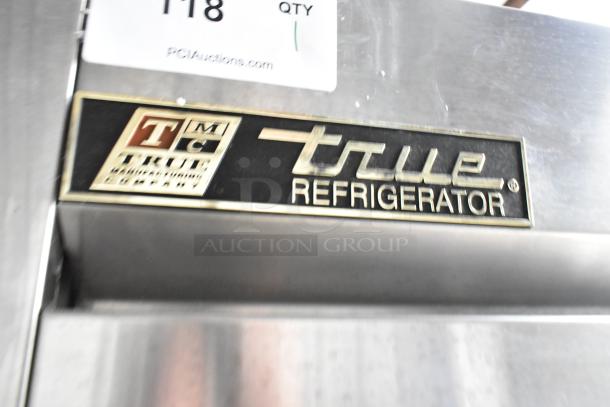 True T-35 stainless steel 2-door reach-in cooler, 115V, 1 phase, with poly-coated racks. True branding visible.