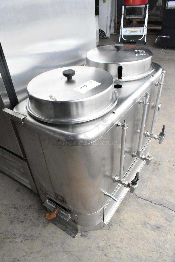 Curtis stainless steel commercial countertop automatic urn, featuring dual lids and spouts. Tag reads "116". Good condition.