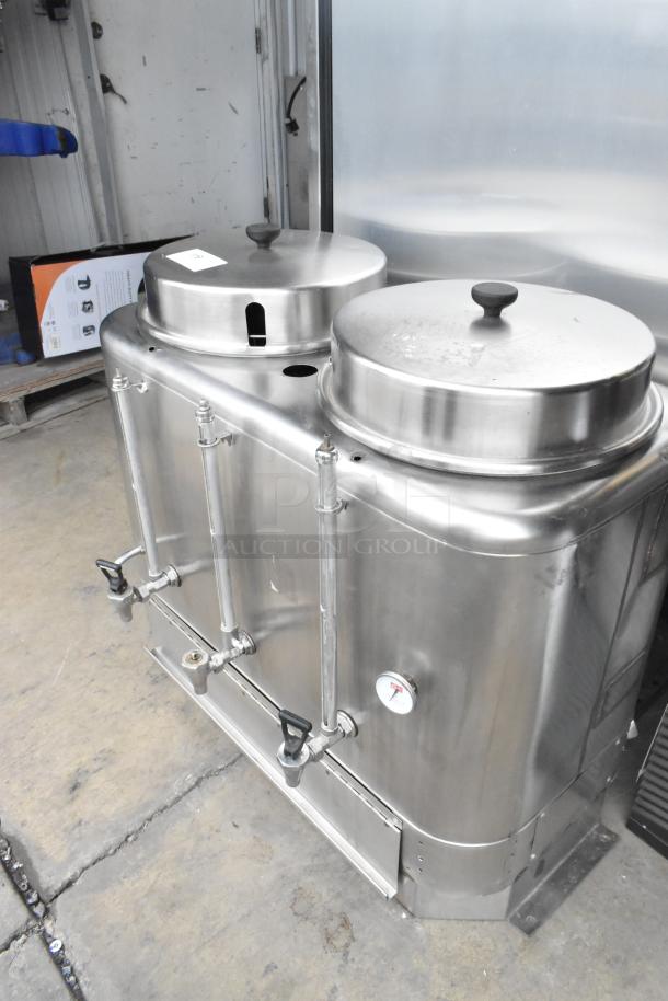 Curtis stainless steel commercial automatic urn, dual tanks, visible thermometer, excellent condition, countertop design.