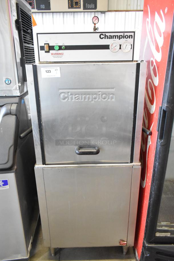 Champion DLF stainless steel commercial straight pass-through dishwasher, 208-240V, 3-phase; features visible gauges and controls.