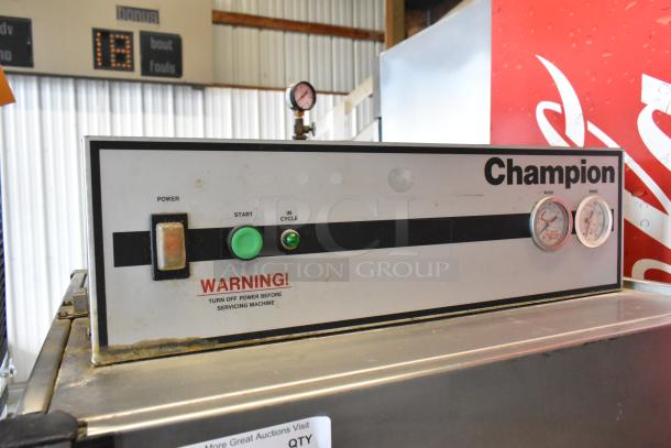 Champion DLF stainless steel commercial dishwasher, straight pass-through, 208-240V, 3-phase, visible controls and gauges.