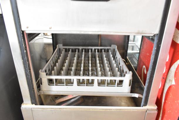 Champion DLF stainless steel commercial straight pass-through dishwasher, 208-240V, 3 Phase, with visible dish rack.