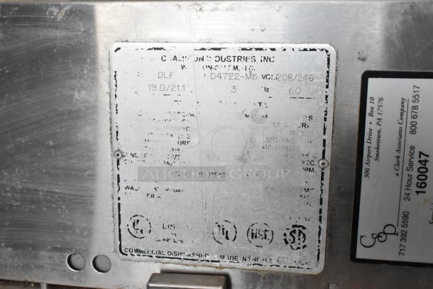 Champion DLF Commercial Dishwasher, stainless steel, 208-240V, 3 phase, model details and specs label visible.
