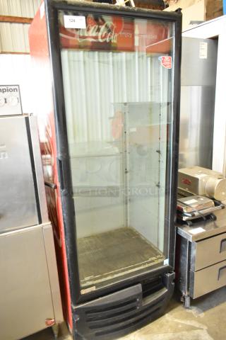 Imbera G318 Metal Commercial Cooler, Single Door, 115V, 1 Phase. Coca-Cola branding, visible wear, interior shelves.