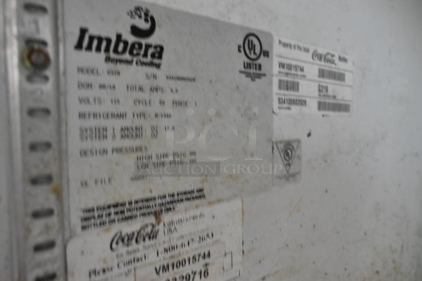 Imbera G318 Commercial Cooler label, showing model, serial number, voltage, refrigerant type, and UL listing.