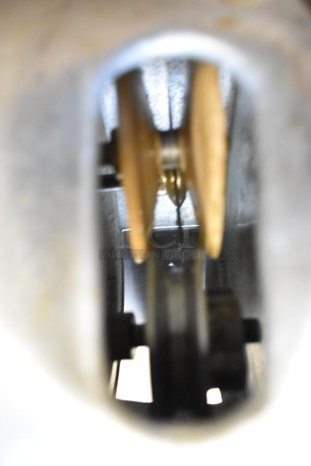 Prawnto MLG-1 metal shrimp deveiner, 115V, 1 phase; interior view showing gears and components.