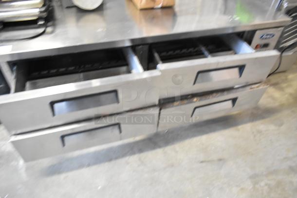 Atosa stainless steel 4-drawer chef base, on commercial casters. Features 115 volts, 1 phase. Some wear visible.