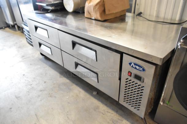 Atosa stainless steel commercial 4-drawer chef base on casters, 115 volts, 1 phase, with Atosa branding visible.